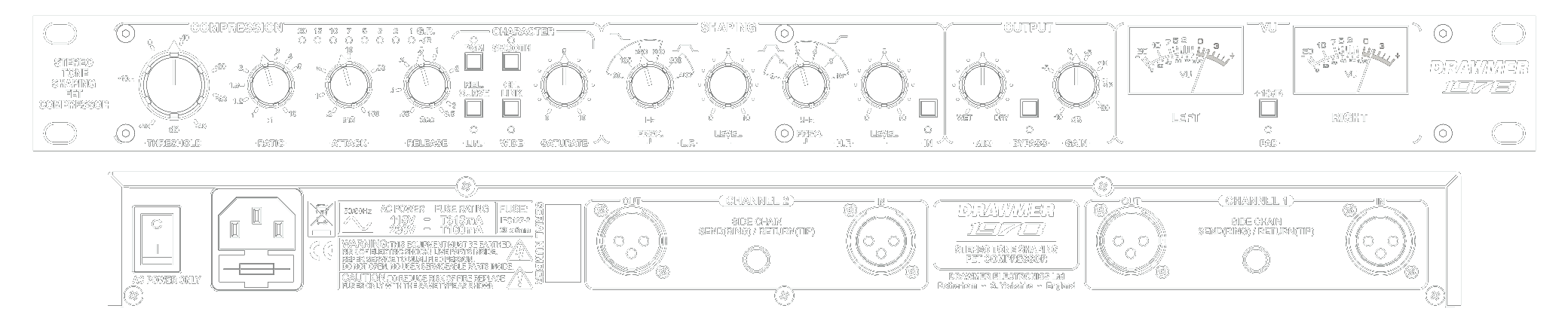 A line drawing of the front and rear panels of the 1978 showing controls and connectors